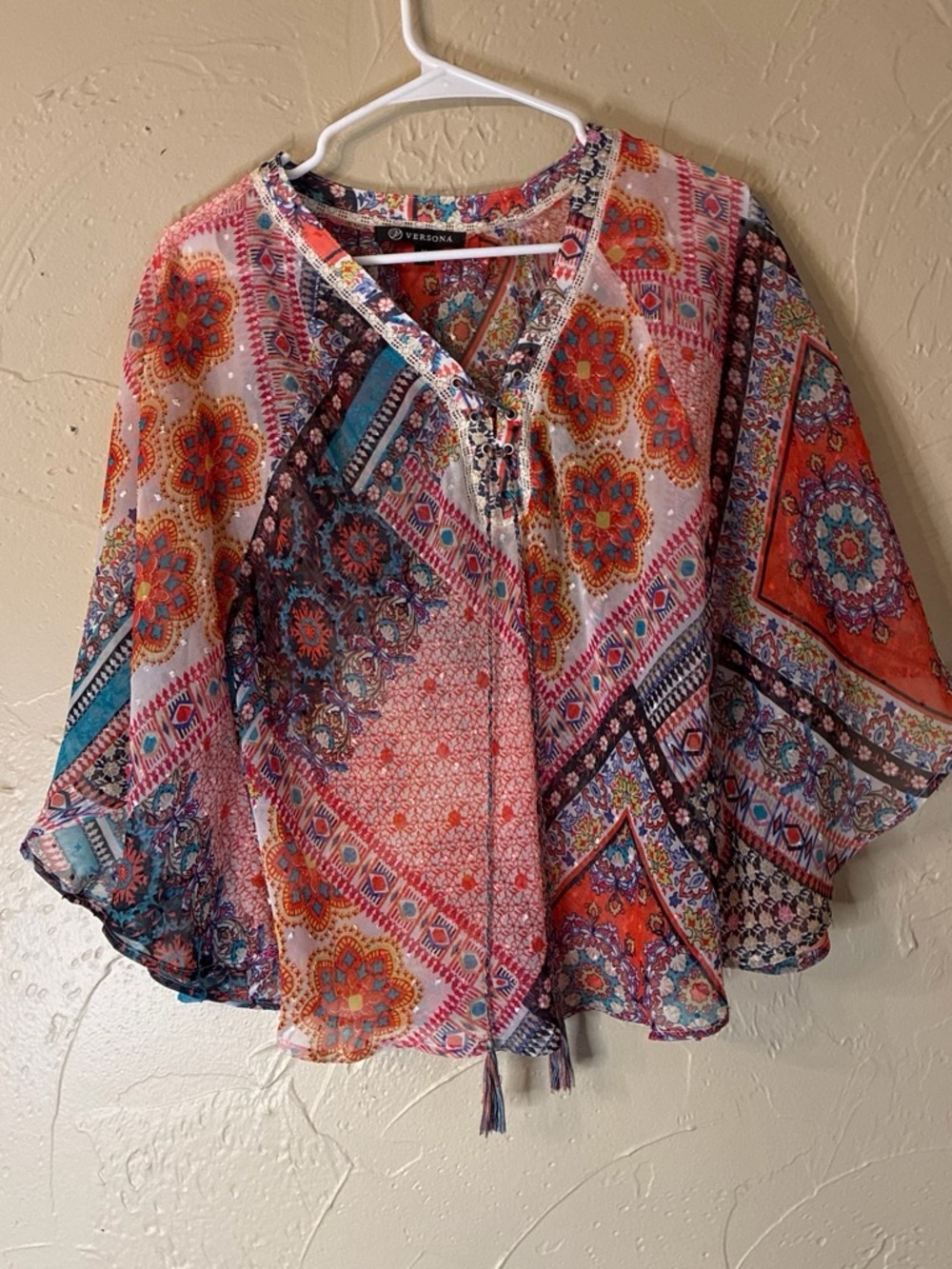 Versona Boho Connected Sleeve Low V Neck Layering Blouse Top Size M Women's
